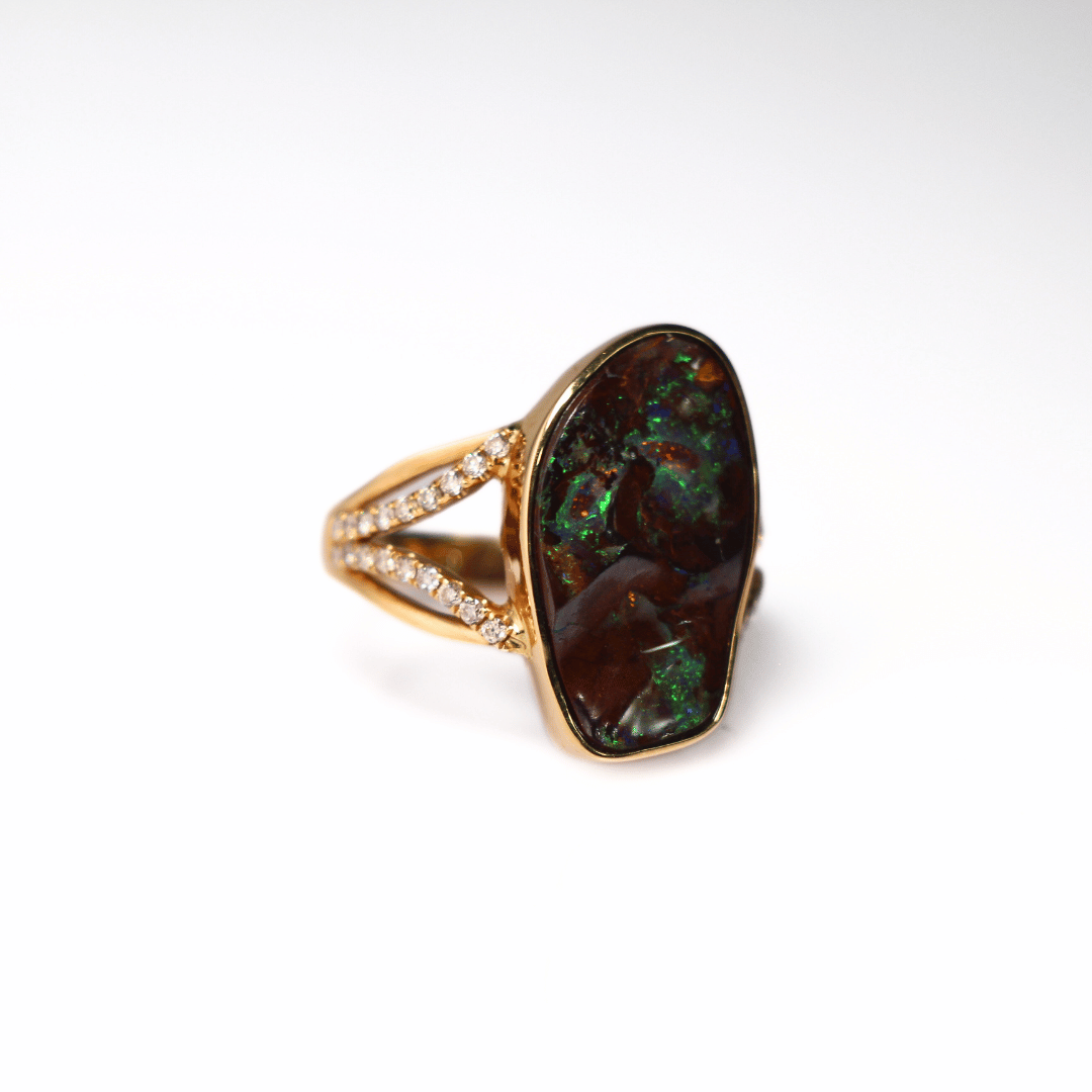 18K Yellow Gold Boulder Opal Diamond Ring