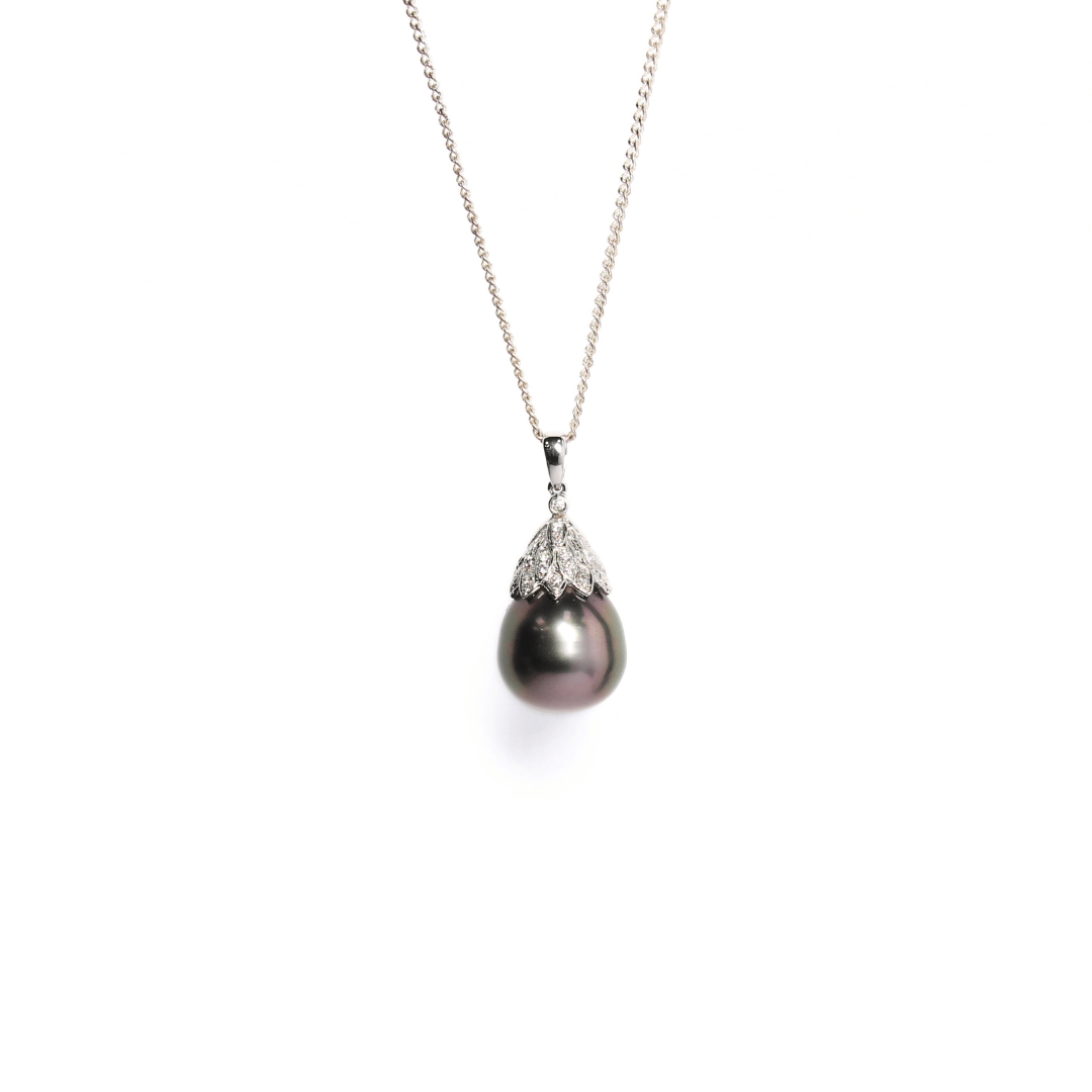 18K White Gold Tahitian Pearl and Diamond Pendant