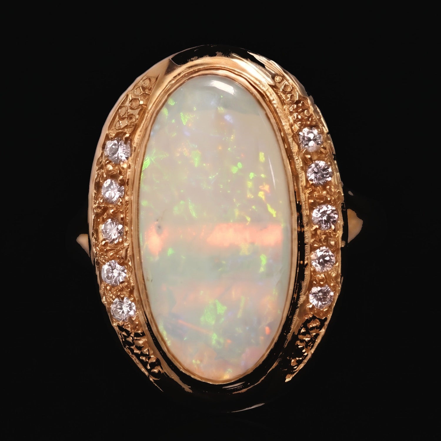 18K yellow gold crystal opal and diamond ring 2.55ct on black — Crystal Opals, AODC Adelaide