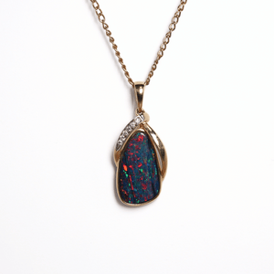 14K Yellow Gold Doublet Opal and Diamond Pendant 5PT
