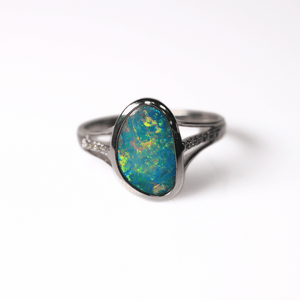 14K White Gold Doublet Opal and Diamond Ring