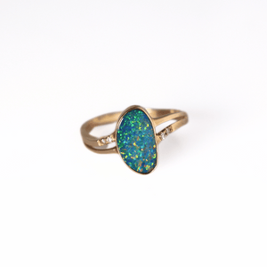 14K Yellow Gold Doublet Opal and Diamond Ring