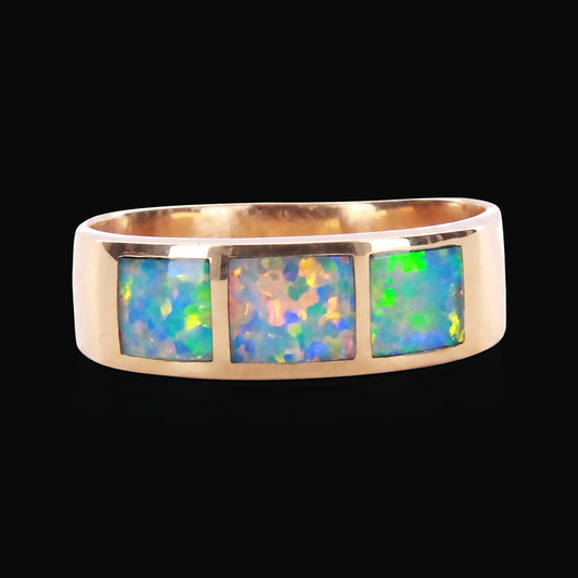 18K yellow gold crystal opal inlay ring on black — crystal opal house style, The Australian Opal & Diamond Collection Adelaide