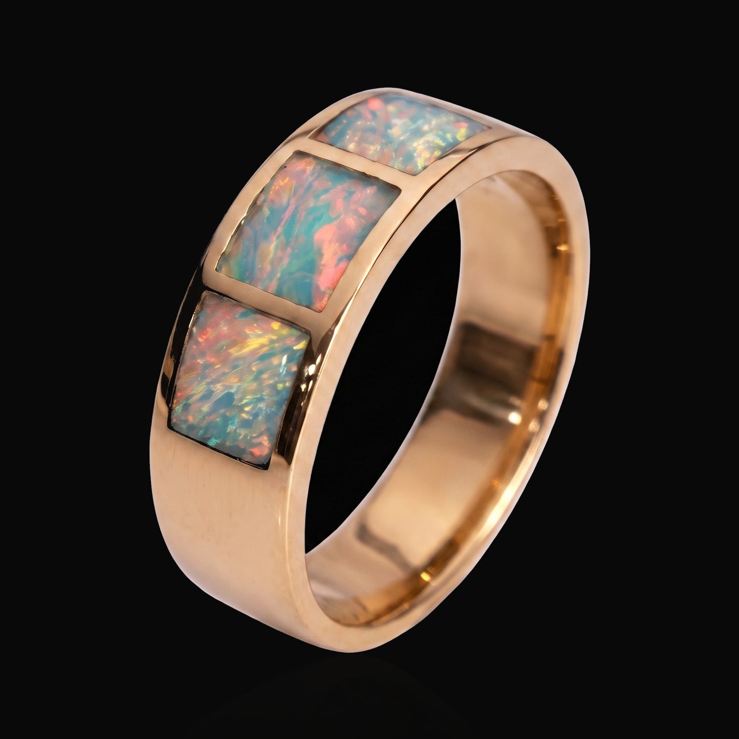 18K yellow gold crystal opal inlay ring on black — crystal opal house style, The Australian Opal & Diamond Collection Adelaide