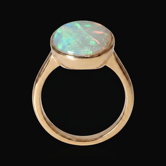 18K yellow gold crystal opal ring 2.64ct on black — crystal opal house style, The Australian Opal & Diamond Collection Adelaide