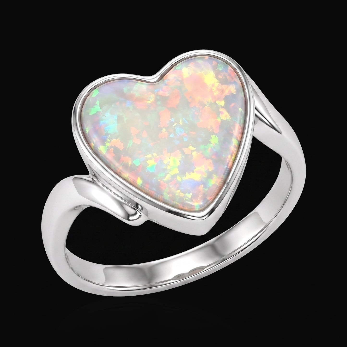 14K white gold crystal opal heart ring 2.21ct on black — crystal opal house style, The Australian Opal & Diamond Collection Adelaide