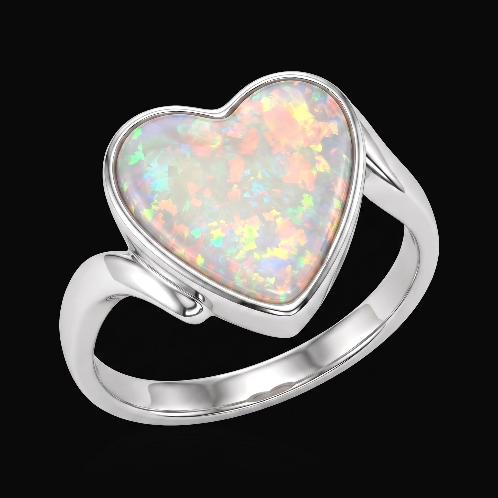14K white gold crystal opal heart ring 2.21ct on black — crystal opal house style, The Australian Opal & Diamond Collection Adelaide