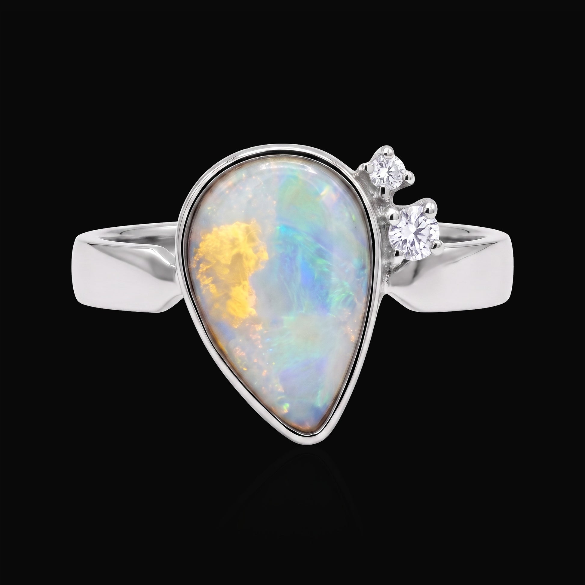 14K white gold crystal opal and diamond ring on black — crystal opal house style, The Australian Opal & Diamond Collection Adelaide