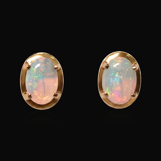 14K yellow gold crystal opal stud earrings on black — crystal opal house style, The Australian Opal & Diamond Collection Adelaide