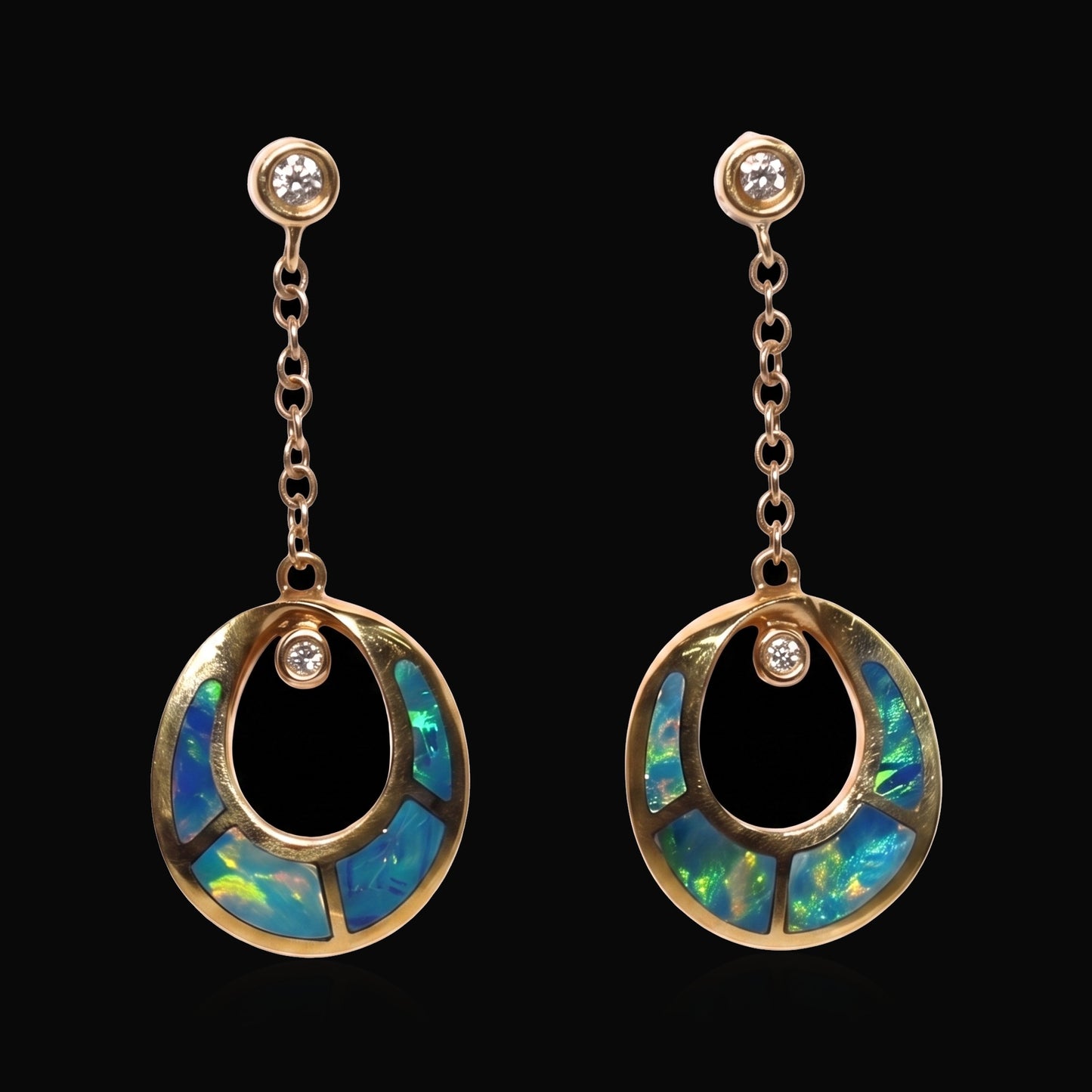 18K yellow gold crystal opal inlay earrings on black — crystal opal house style, The Australian Opal & Diamond Collection Adelaide