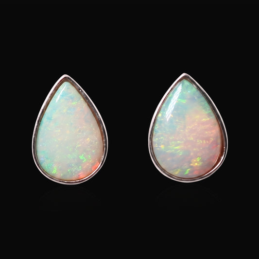 18K white gold crystal opal earrings 1.65ct on black — crystal opal house style, The Australian Opal & Diamond Collection Adelaide