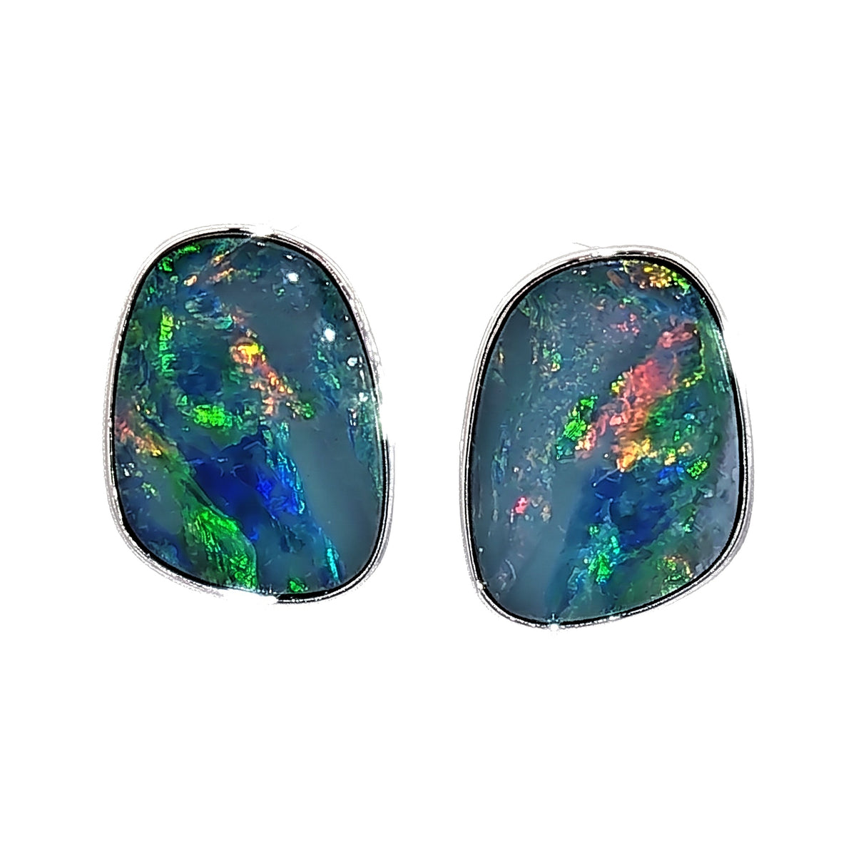10K White Gold Doublet Opal Free-Form Earrings 9.30CT