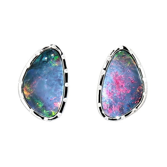 10K White Gold Doublet Opal and Diamond Stud Earrings 5.70CT
