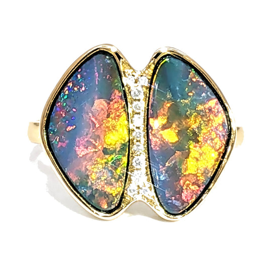 10K Yellow Gold Doublet Opal and Diamond Ring 3.45CT