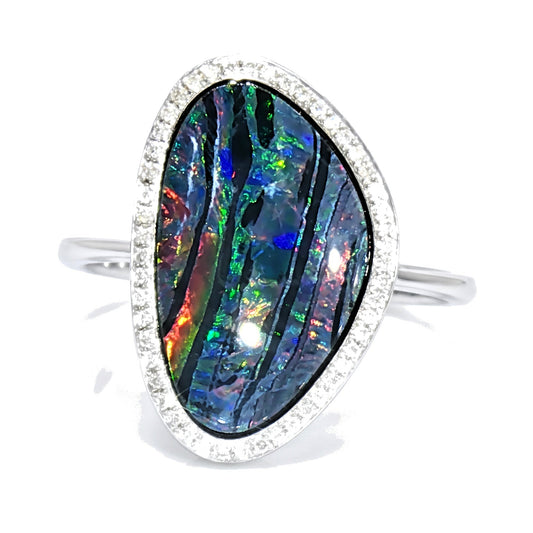 10K White Gold Doublet Opal and Diamond Ring 3.10CT
