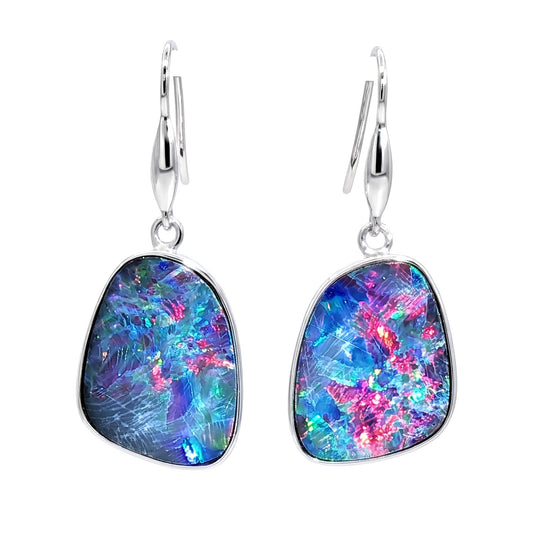 10K White Gold Doublet Opal Earrings 9.30CT