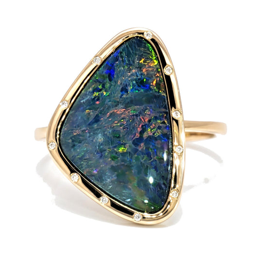 10K Yellow Gold Doublet Opal and Diamond Ring 3.30CT