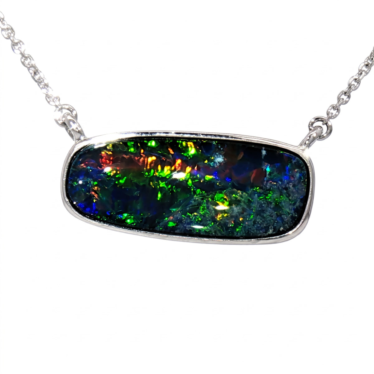 10K White Gold Doublet Opal Necklace 3.05CT