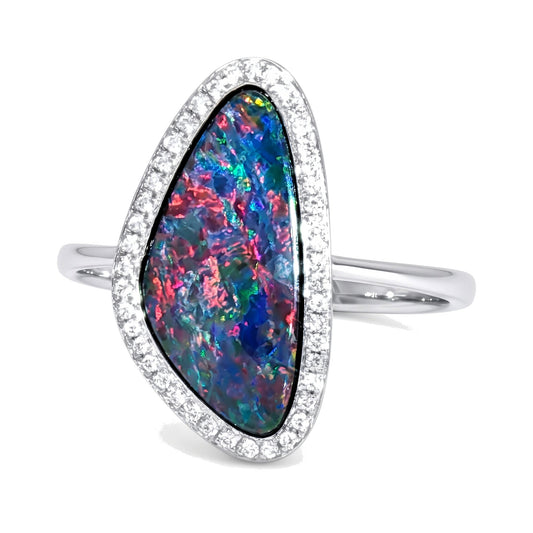 10K White Gold Doublet Opal and Diamond Ring 1.50CT