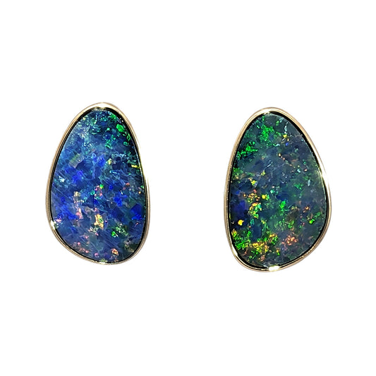 10K Yellow Gold Doublet Opal Earrings 7.35CT