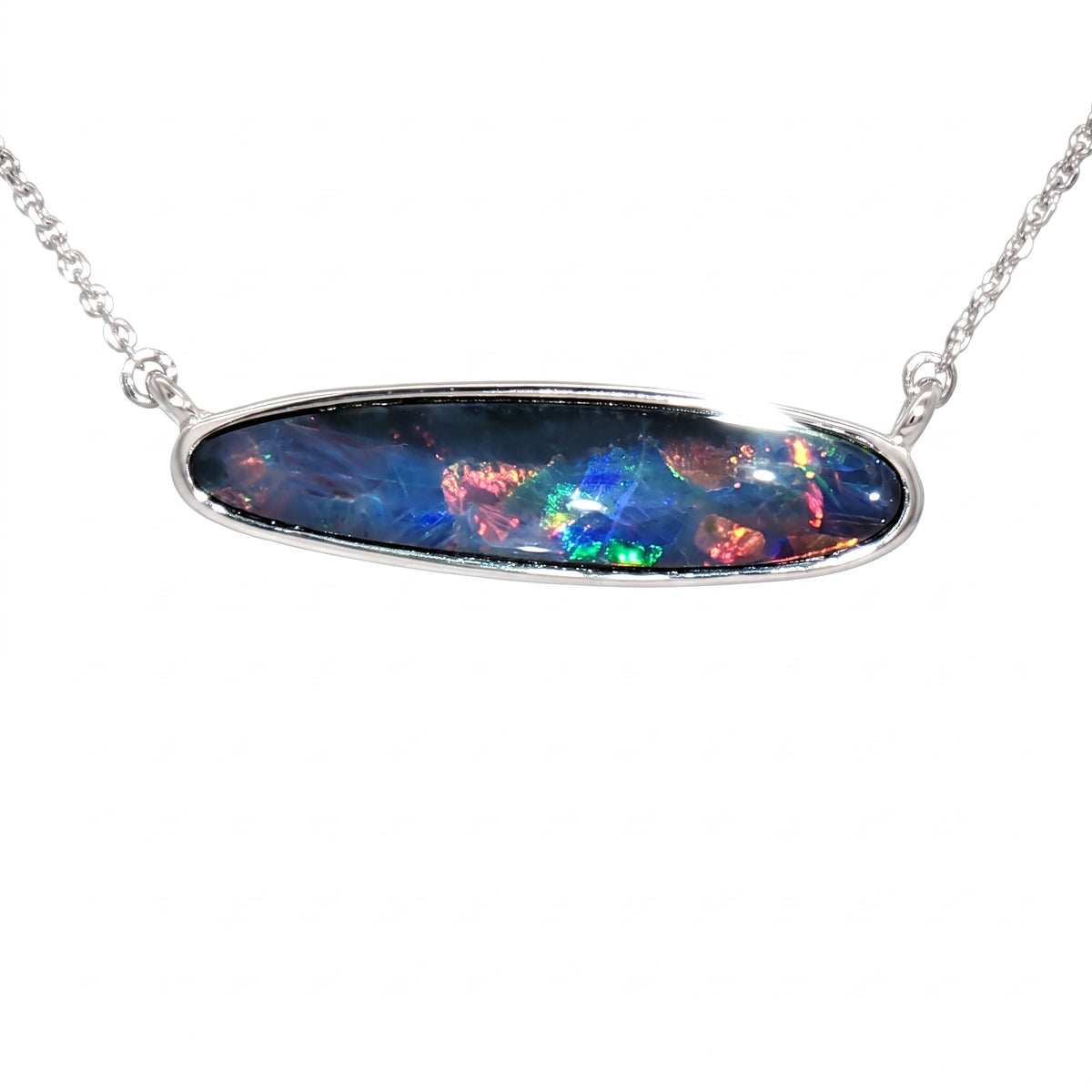 10K White Gold Doublet Opal Necklace 2.30CT