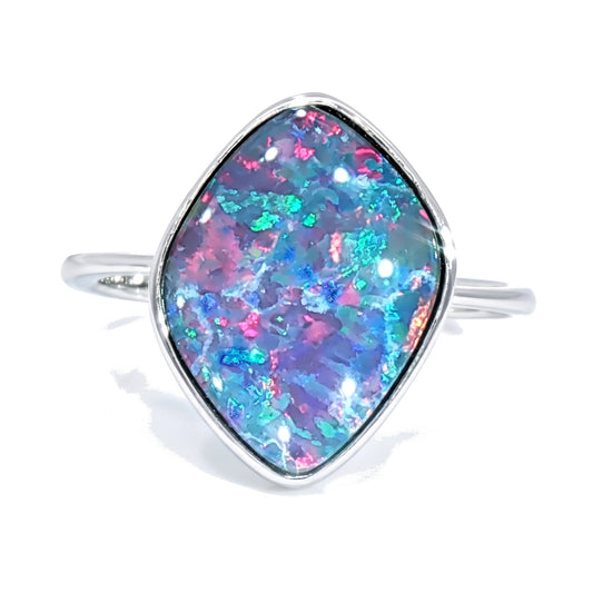 10K White Gold Doublet Opal Ring 3.10CT