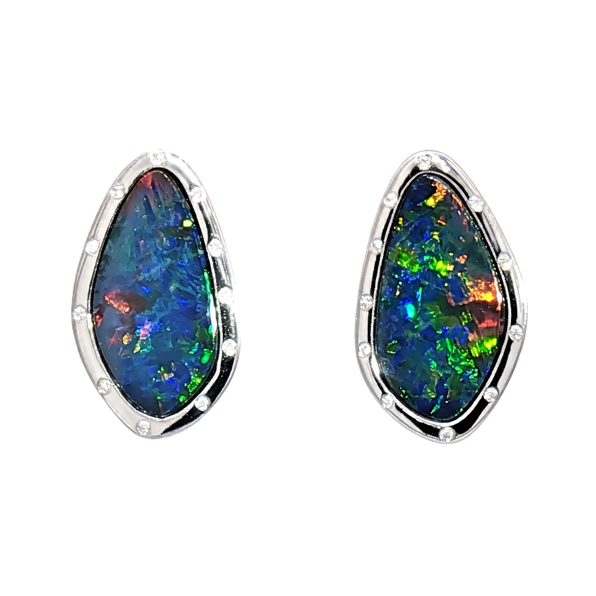 10K White Gold Doublet Opal and Diamond Earrings 4.40CT