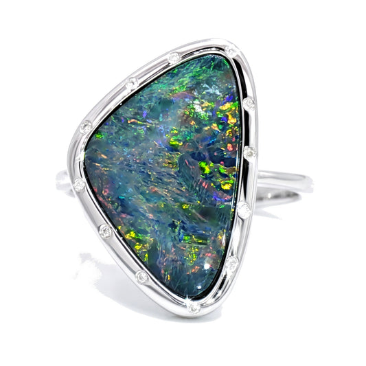 10K White Gold Doublet Opal and Diamond Ring 3.40CT