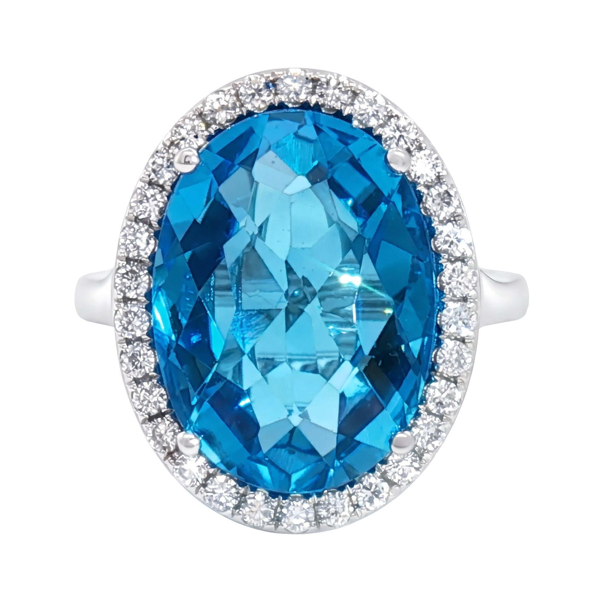 14K White Gold Oval Blue Topaz and Diamond Ring 13.60CT