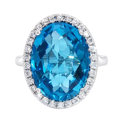 14K White Gold Oval Blue Topaz and Diamond Ring 13.60CT