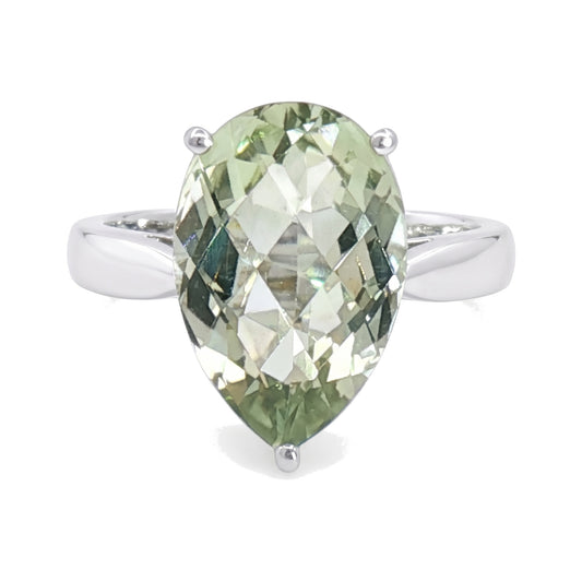 14K White Gold Pear Green Quartz Ring 5.57CT