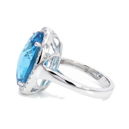 14K White Gold Oval Blue Topaz and Diamond Ring 13.60CT