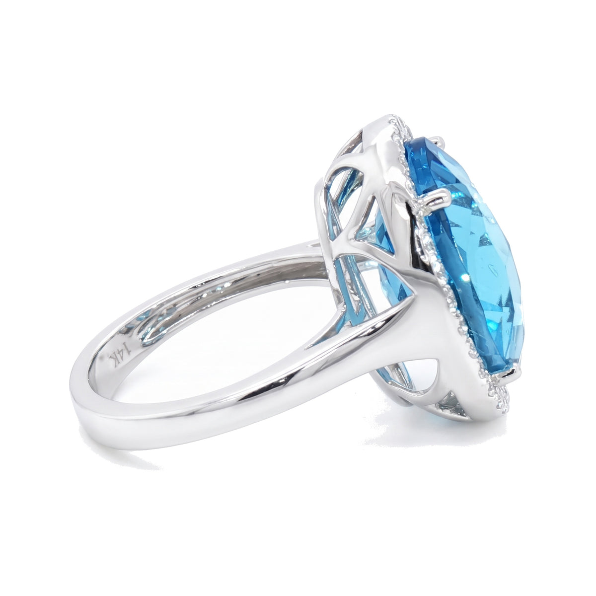 14K White Gold Oval Blue Topaz and Diamond Ring 13.60CT