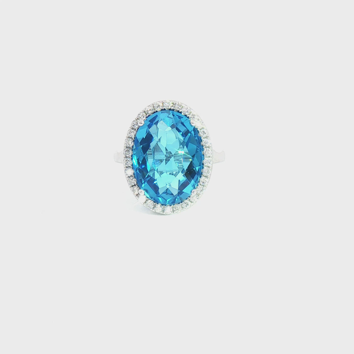 14K White Gold Oval Blue Topaz and Diamond Ring 13.60CT