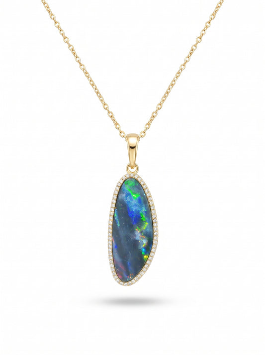 10K Yellow Gold Doublet Opal and Diamond Pendant 4.40CT