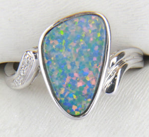 White Gold Doublet Opal Ring with 3 Diamonds 